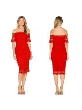 SAYLOR X Free People Red Off Shoulder Lace Midi Dress
